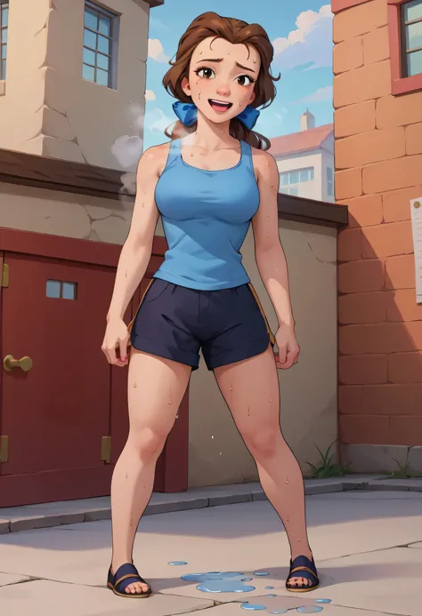 PonyXLV6_Scores ,source_anime, masterpiece,best quality, highly detailed,cinematic, BREAK belle,1girl, solo, brown hair, shirt,brown eyes, smile, blue tanktop, looking at viewer, full body, outdoors, bow, ponytail, open mouth, long hair, hair bow, black sh...