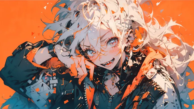 (masterpiece, top quality:1.6), Alone, Bold outline, (pastel, simple background holding clothes , bright orange background , monochrome, bright orange theme :1.2), Official Art, key visual , 8k, Cluttered , whole body, ( unique hair , Excessive hoodie...