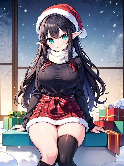 detailed image, realistic image, 1 elf, has very long black hair, wavy hair, turquoise eyes, smiling. She has a curvy body, medium breasts, thin waist, wide hips, thick thighs. She is dressed in a Christmas sweater, plaid scarf, Christmas hat, Christmas pl...