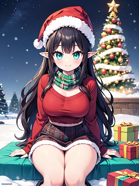 detailed image, realistic image, 1 elf, has very long black hair, wavy hair, turquoise eyes, smiling. She has a curvy body, medium breasts, thin waist, wide hips, thick thighs. She is dressed in a Christmas sweater, plaid scarf, Christmas hat, Christmas pl...