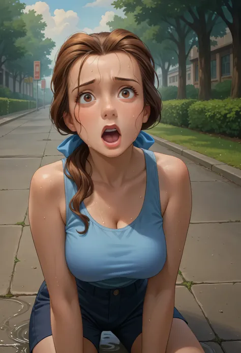 PonyXLV6_Scores ,source_anime, masterpiece,best quality, highly detailed,cinematic, BREAK belle,1girl, solo, brown hair, shirt,brown eyes, blue tanktop, looking at viewer, full body, outdoors, bow, ponytail, open mouth, long hair, hair bow, black shorts, b...