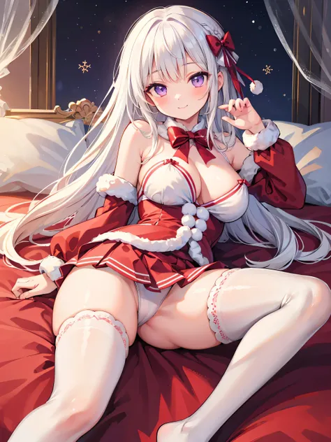 Highly detailed, high quality, masterpiece, beautiful, (all photo shooting), girl student girl, perfect eyes, purple eyes, clear eyes, happy face, smiling, big thighs, medium breast, long hair, white hair, bow on head, santa claus swimsuit, with white stoc...