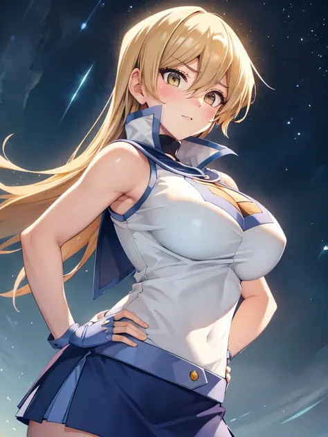 1 Female,High definition,high resolution,Ultra-realistic,8K, ta1, blonde hair, long hair, yellow eyes,white jacket, sleeveless, blue skirt, tight skirt, miniskirt,fingerless gloves, large breasts,European,sexy,Upper body close-up,Photographed from the fron...