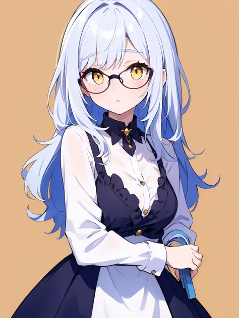 Female Teacher Cosplay、 Silver Hair、 yellow eyes、 wearing glasses 、 simple background 