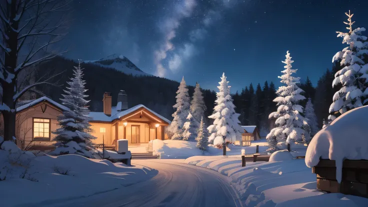 Generate a breathtaking outdoor winter scene featuring snow-covered pine trees illuminated by soft white lights. The setting is at twilight, with the warm glow of the sunset fading into a star-filled night sky. The snow sparkles under the lights, creating ...