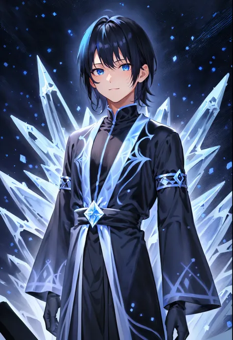 masterpiece, best quality, highres, absurdres, 4k resolution, official art, source_anime, waist up, expressive eyes, male, youthful, late teens, teenager, young, pretty, looking at viewer, soft smile, subtle smile, black hair, night hair, medium hair, flat...