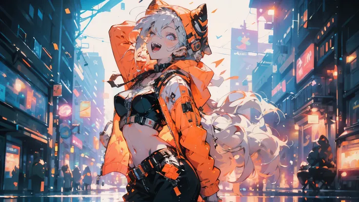 (masterpiece, top quality:1.6), Alone, Bold outline, (pastel, simple background holding clothes , bright orange background , monochrome, bright orange theme :1.2), Official Art, key visual , 8k, Cluttered , whole body, ( unique hair , Excessive hoodie...
