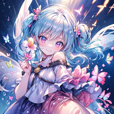 Chibi、cute、1girl, pretty face、Baby Face、((( dynamic best composition with a smile and staring at the top、 top quality、 greatest masterpiece、 super detailed、 high definition)))、 absurd、 fantasy standing in a church、Looking up with a smile 、butterfly style、h...