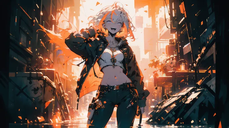 (masterpiece, top quality:1.6), Alone, Bold outline, (pastel, simple background holding clothes , bright orange background , monochrome, bright orange theme :1.2), Official Art, key visual , 8k, Cluttered , whole body, ( unique hair , Excessive hoodie...