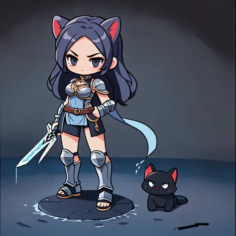 One female warrior , Poses of wielding a sword while levitating, Medieval Iron Armor , Costume color blue, dark gray long hair, cat ears , black eyes ,