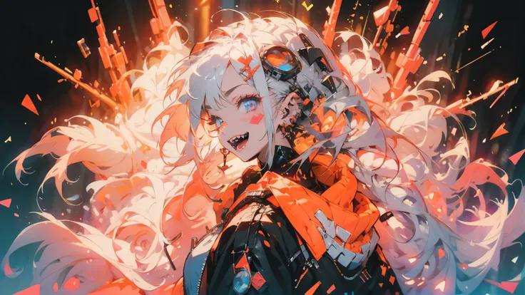 (masterpiece, top quality:1.6), Alone, Bold outline, (pastel, simple background holding clothes , bright orange background , monochrome, bright orange theme :1.2), Official Art, key visual , 8k, Cluttered , whole body, ( unique hair , Excessive hoodie...