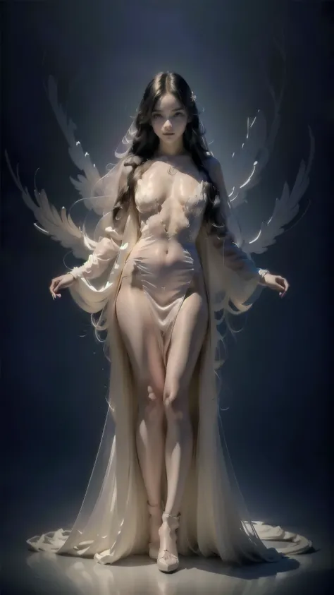  Digital painting of a full body nude silhouette of a beautiful ,  beautiful and unique snow particle model ,  perfect face,  honey eyes and long, cascading hair ,  front view.  The model wears a beautiful transparent white dress that creates a wonderful a...