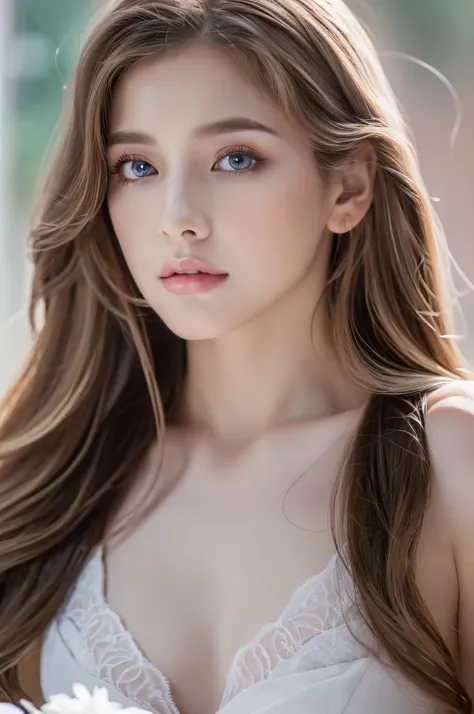 (highest quality,4k,8K,High resolution,masterpiece:1.2),Super detailed,(realistic,realistic,realistic:1.37),slow sports,woman,flowing long hair,Off-white iris,empty gaze,plump pink lips,White flowers bloom at the tip of my hair,elegant,medium shot,black dr...