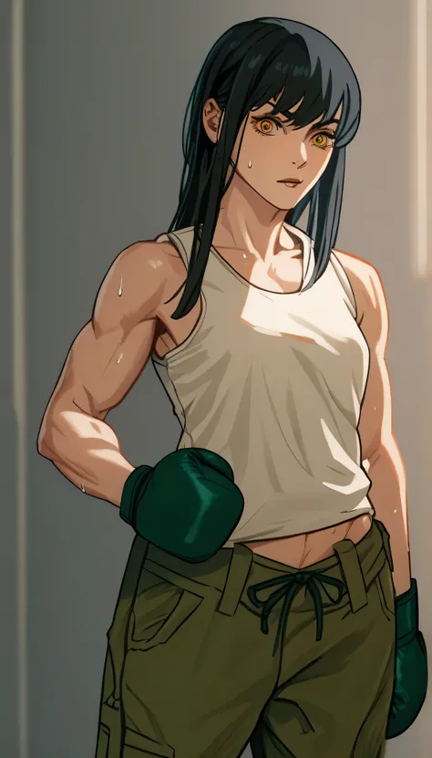black hair,masterpiece,best quality,highres,ultra-detailed,aashizue,yellow eyes,long hair,cargo pants,(tank top:1.2), boxing gloves,toned, muscular,sweating, (sleeveless:1.4),cowboy shot,