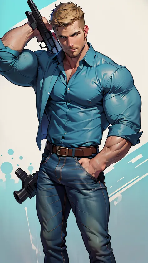 1 man, male focus solo,45 yo man,Stephen AMELL as private investigator,  lean muscle, open blue shirt, marine blue jeans with brown belt ,( big bulge), full body shot, dark blond short hair, well groomed facial hair, holding a gun with one hand, , ultra hi...