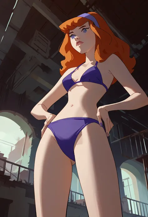 daphneb, 1girl, solo, long hair, hairband, orange hair, purple bikini , purple eyes , hands on the hips , abandoned factory , night time , low angle shots, score_9, score_8_up, score_7_up, score_6_up, score_5_up, score_4_up