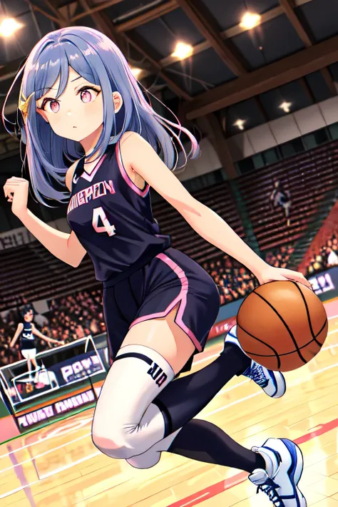 A young female basketball player performing a vivid jump shot. She holds the ball firmly in both hands, aiming for the goal with perfect form. Her slim basketball uniform accentuates her toned body, and black high socks add a stylish contrast. Her carefull...