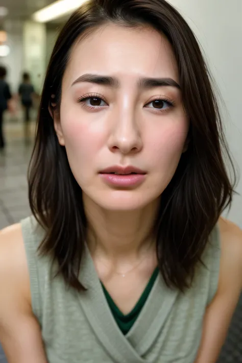    Beautiful Japanese Actress  ,  1 girl,Flying debris,,Award-winning works,   very detailed,   in front of the parks public restroom entrance , Nose and mouth,  face focus,  Put the egg behind your face and throat 、 Age 35,  brown hair、Symmetrical face, I...