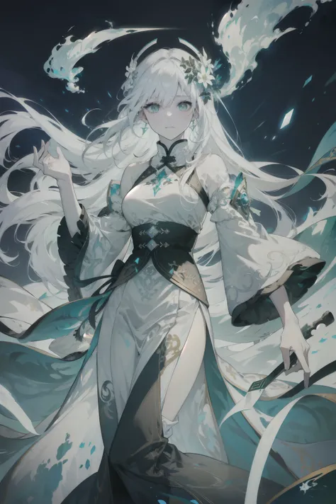 woman, long White hair, Flying Bangs , White hair, equal to the eye, green eyes , white skin, Milky Way , dynamic posture, Dramatic Composition, black long skirt, Extreme details, floats in the air, Halo effect, Brilliant Aura