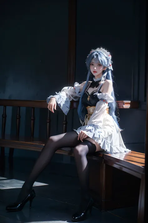 ganyu cosplay costume, ganyu, cosplay, genshin impact, long hair, blue hair, alternate costume, dress, apron, white apron, detached sleeves, detached collar, bare shoulders, frills, frilled sleeves, maid headdress, hairband, horns, kneehighs, frilled kneeh...