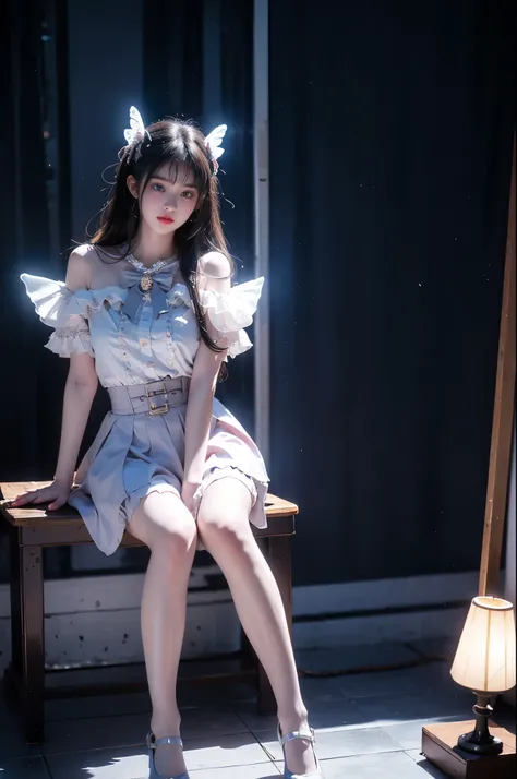 jirai kei costume,jirai kei,shirt,skirt,frilled shirt,frills,lace,lace trim,shoulder cutout,bow,bowtie,belt,buckle,ribbon,jewelry
black skirt,black shoes ,, (photorealistic:1.2), beautiful young woman, (full body shot:1.4), elegant pose, sitting on stone b...