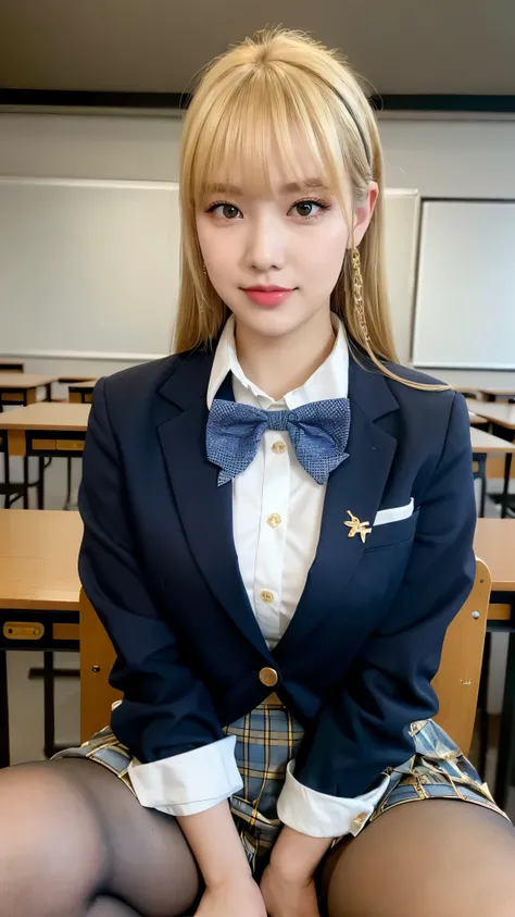 (Highest quality, 4K, 8k, High resolution, masterpiece, Genuine, Realistic, Realistic:1.3), (upper body), Girl sitting on the school desk in classroom, blue bow-tie Uniform, Dark Blown Blazer, blown plaid skirt, Ear piercing, Gal Makeup, wearing white call...