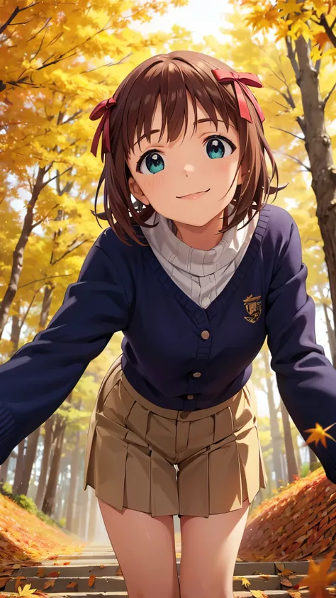 1 girl, alone, haruka amami, casual autumn clothes, standing, (leaning forward: 1.3), looking at viewer, (smile: 1.2), In the forest of autumn leaves, (blue sky, view from below, Composition that shows the sky), CG, unity, 8k, wallpaper, highest quality, m...