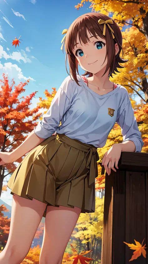 1 girl, alone, haruka amami, casual autumn clothes, standing, (leaning forward: 1.3), looking at viewer, (smile: 1.2), In the forest of autumn leaves, (blue sky, view from below, Composition that shows the sky), CG, unity, 8k, wallpaper, highest quality, m...