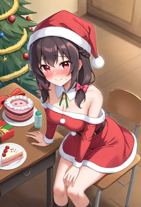 yunyun、masterpiece, top quality,  high definition ,(One person), Yunyun、  crown braid the same color as the hair,  black hair、 red eyes、 hair accessories , (Santa Claus costume with shoulders out )、 big-breasted 、(blush)、( Christmas tree:1.2)、Looking up、( ...