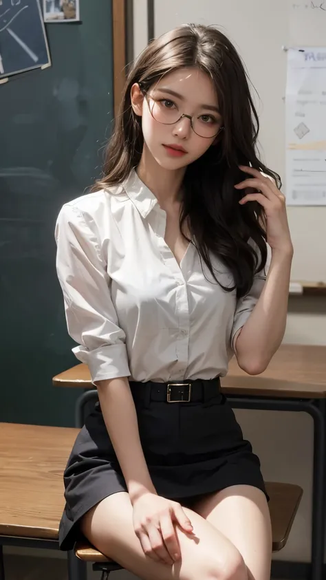 Female Teacher、Glasses、 sitting on a chair 、 white blouse、
 black mini skirt、 garter belt