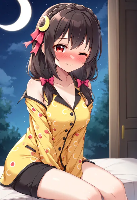 yunyun、masterpiece, top quality,  high definition ,(One person), Yunyun、  crown braid the same color as my hair,  black hair、 red eyes、 hair accessories , ( yellow pajamas with my shoulders out )、Pajamas with black shorts 、 big-breasted 、(blush)、(Im sittin...