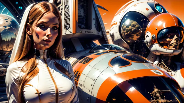 arafed image of a white woman in a futuristic suit with a spaceship in the background, movie art, in front of an orange background, inspired by Robert McGinnis, female protagonist, megastructure in the background, portrait of an ai astronaut, astronauts, a...