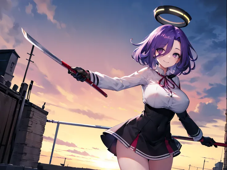 masterpiece, best quality, highres, mechanical halo, (big_breasts:1.2), black dress, neck ribbon, long sleeves, black gloves, outdoors, cowboy shot, standing, holding weapon, polearm,smile,,harbor_town_landscape,purple_halfeyes,(scornful eyes:1.4)