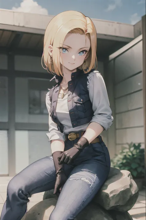   Masterpiece  ,  top quality,  Ultra Details ,  absurd, Beautiful portrait of Android18DB, Alone,  earrings for a woman alone, gem, denim, smile, belt, vest, cloud, null, day, pants, Outdoor,  gloves,  Necklaces , jeans, rock,  sitting,  sitting_On_rock, ...