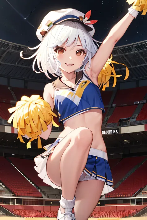 Shes wearing a cheerleader costume with a cute design, and her miniskirt and bright bow are eye-catching. The background is a soccer stadium illuminated by the night sky, and the lighting creates a dramatic atmosphere. She is cheering in a pose with one le...