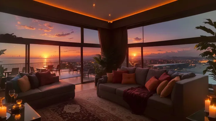 a view of a living room with a couch, chairs, and a table, luxurious environment, luxury lifestyle, gorgeous view, sunset view, luxurious indoor setting, luxury architecture, stunning view, beautful view, sunset time, paradise in the background, luxury and...