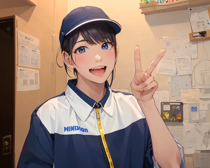 there is a woman that is making a peace sign with her hand, mihoyo, Chiho, threatened hideo, Mitsumayo, mitose,  Shiori Teshirogi, mihoyo art style, nishimiya shouko, Yoshitomo Nara, Akikazu Mizuno, Hideo Minaba, (Masterpiece), (best detail), (Best quality...