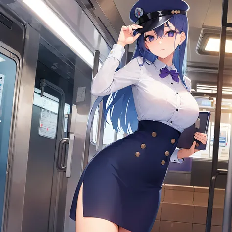 1 train conductor woman. wearing a nice train employee uniform and cap. Long blue hair and nice purple eyes. Busty. holding a pen and clipboard up to her bust.