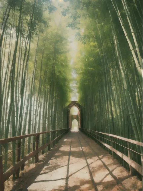  country shrouded in dreamy fog,  bridge and antique garden , Horizontal bamboo grove ,  wet wooden bridge after rain ,  very relaxing , Deep Field,   Masterpiece  ,  top quality, 3d,  realistic ,  high quality textures