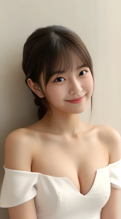 masterpiece,best quality,(Japanese girl),((Beautiful girl)),cleavage,(off shoulder:1.2),(perfect body beauty:1.2),(shy smile),From slightly above