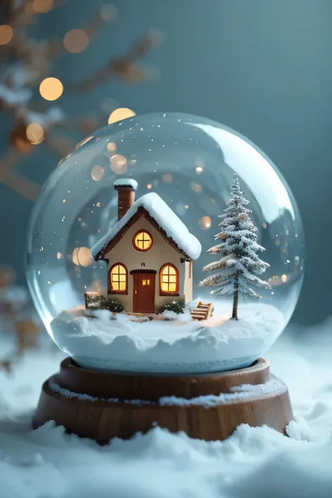 a glass globe in which a small house and a tree 啊热、 by snow