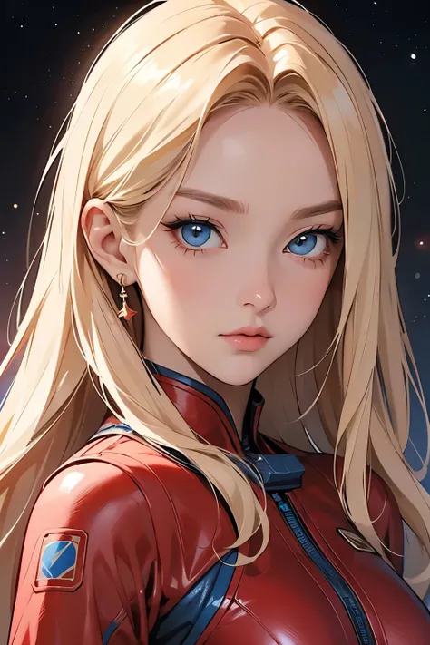 Image of her upper body up 。One beautiful woman。Twenty years old。 Blonde Blue Eyes 。Detailed drawing of the face。 shes staring at the camera with a defiant expression 。 shes wearing a red metallic combat suit 。 images of outer space and Mars floating there...