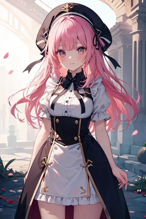 Maid girl without a cheerful headdress ( showing teeth), standing, pink hair color, combat pose, mmorpg background , mmorpg background (A stranger), complete anatomy, graphic effects , ornament of an accessory shaped like a flower on her head, aura, ...