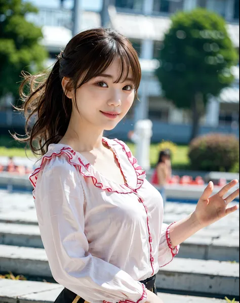  top quality, 1peopleの女の子, ( skintation), ( Big Breasts ), (day),   bright ,  blur the background , Outdoor, (street:0.6), (people々, crowd:1), ( wave hair:1.5), (blouse:1.5), nice, (Floating Hair:1.5), ( Dynamic Poses :0.8),  soft lighting , wind,  garden,