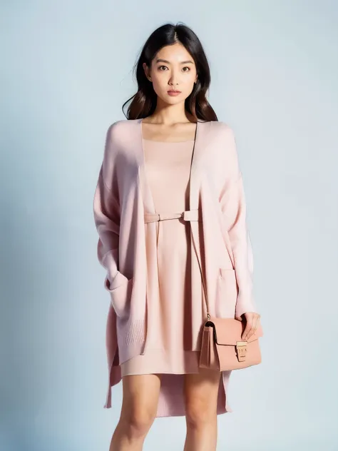 A woman in a knee-length silk dress in soft pastel tones, complemented by a lightweight cashmere cardigan, nude pumps, and a small crossbody leather bag.