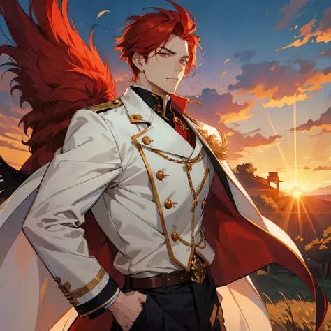 An anime-style proud and dignified man, depicted from the waist up, with sharp red hair styled like a rooster’s crest and intense golden eyes. He wears a long white coat with feathered red accents. The background features a sunrise-lit farm scene.