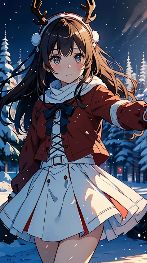 (かわいい銀髪の女性サンタクロースのwhole bodyポートレート:1.2)、(Sparkling Snowflakes )、 Gently falling snowflakes are a winter wonderland、Snow Forest、Reindeer Horn Headband、赤と白のドレスを着てトナカイの角をつけたアニメの女の子がDancing in the snow 、(whole body)、Red Riding Hood Cosplay 、Dancing in the snow...