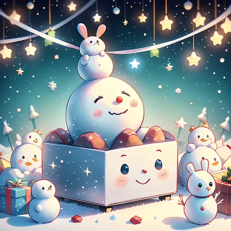  white Christmas 、🎄、🎅、 Illuminations、Cute Snowman、⛄、sanrio、☃、Merry Christmas、Star、流Star群、Mysterious、fuzzy white casket hat、 The snowman is wearing a blue rabbit costume、Background is green and red neon Illuminations、Large gift box 、