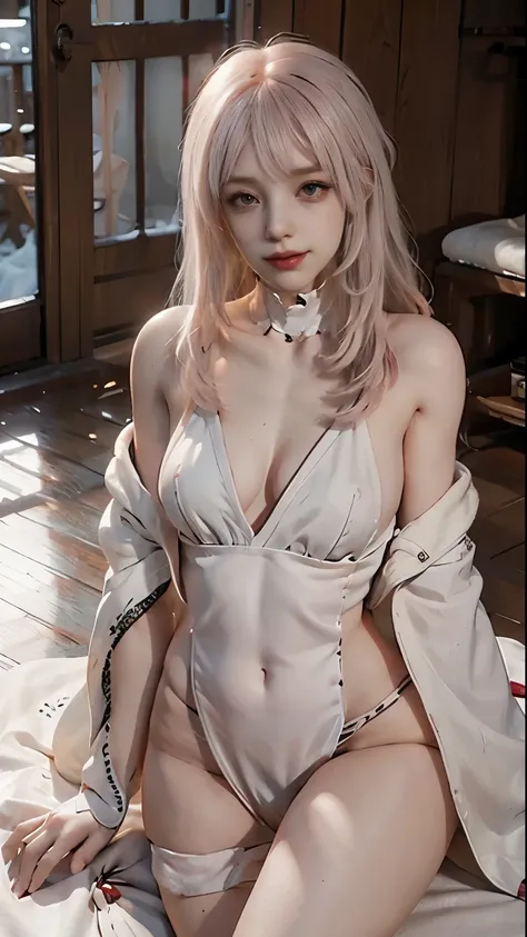 body: pale skin, strawberry white hair, girl, hair down,  slightly freckled, slight overweight, soft, busty, navel
clothing: hair ribbon, thin sheer robe, low opacity fabric
pose: blushing, slightly smiling, bliss, lying down, legs parted, hands in panties...