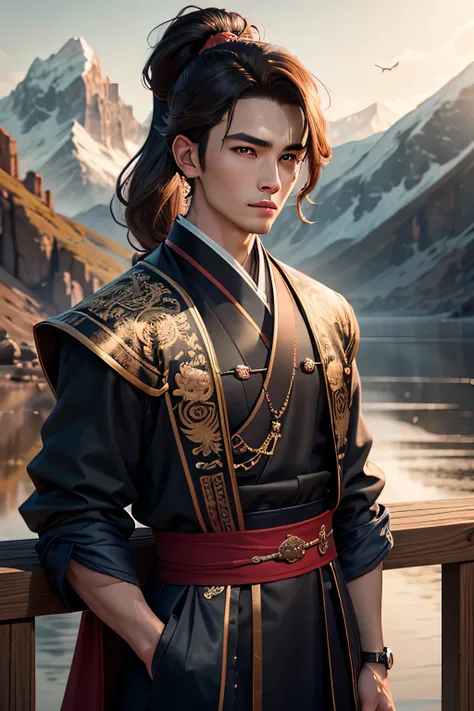 21 year old handsome young man, confident, volumetric lighting, 8k resolution, photorealistic, ultra-high quality, opulent detailed background, medium length dark brown hair, messy ponytail, wearing dark blue hanbok long sleeve clothes, mountain in backgro...